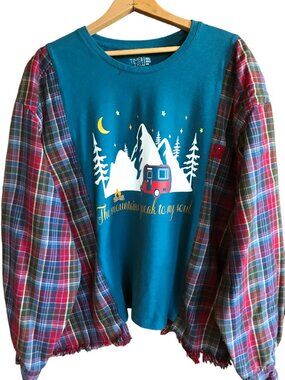 Upcycled Flannel Shirt, Reworked Oversized Mountain Camping Graphic, Size L-2XL